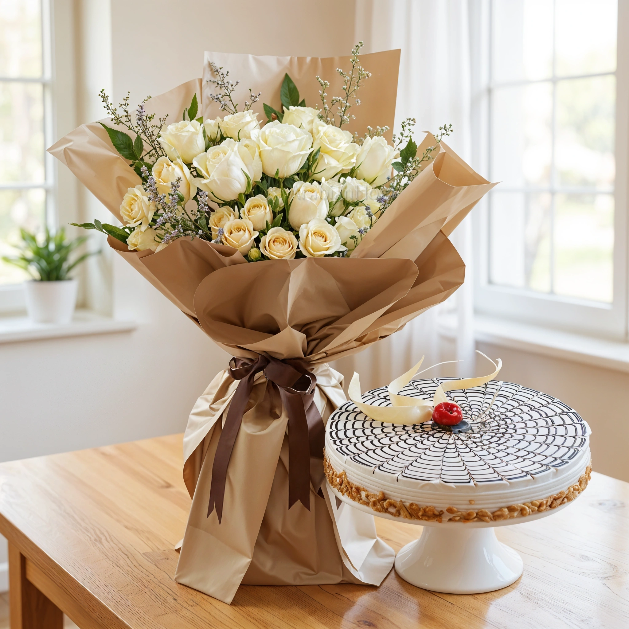 Bouquet of White and Peach Roses with 1 kg butterscotch cake