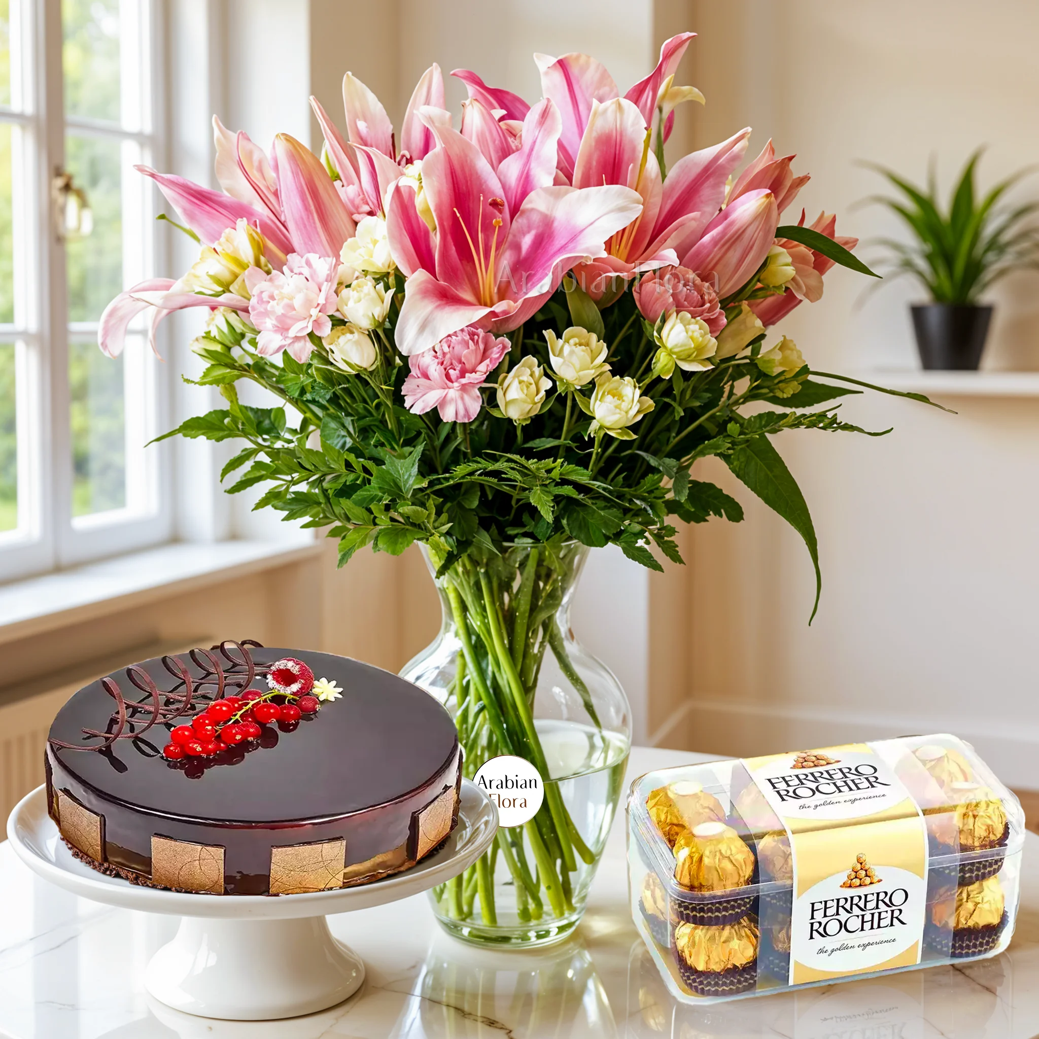 pink lilies, pink carnations, white spray rose, chocolate cake, 16 pcs of ferrero rocher chocolate.