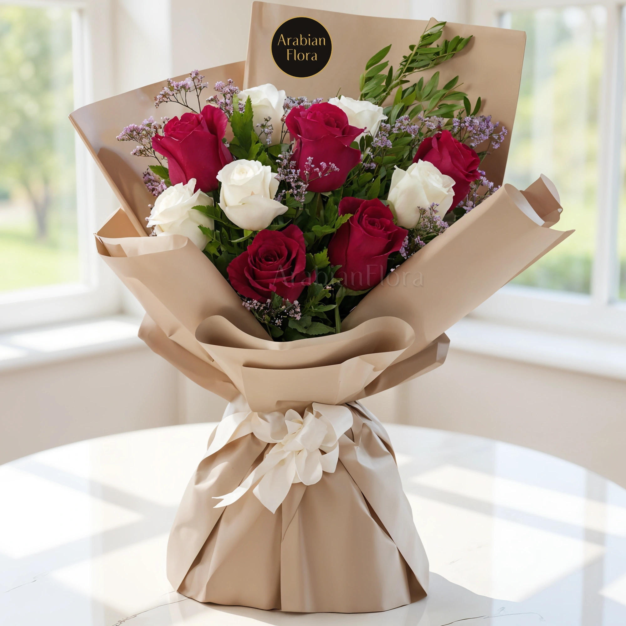 Bouquet of 10 red and white roses with green fillers in wrapping paper and tied with ribbons.