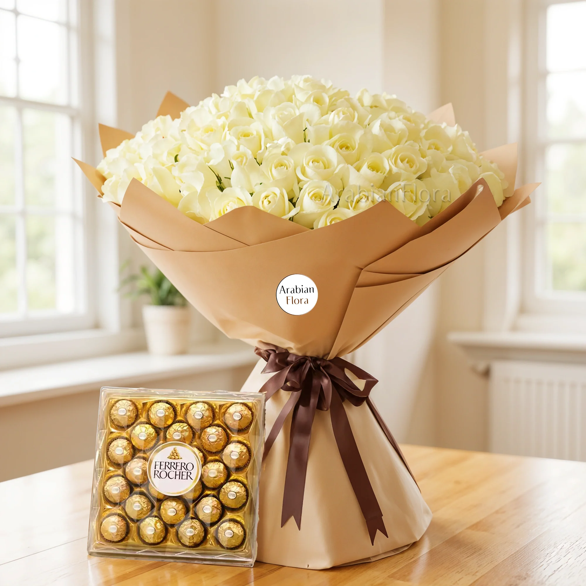 Bouquet of 100 White Roses with greens in a nice packing and 24 pcs of ferrero rocher chocolate.