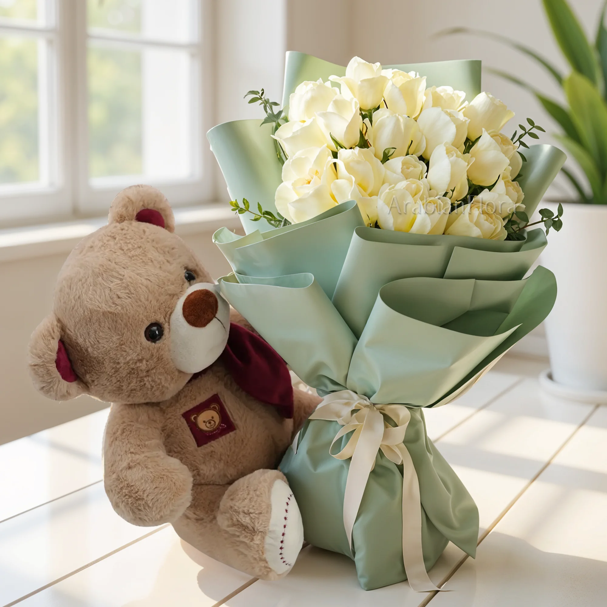 Bouquet of 20 white roses with small size brown teddy bear