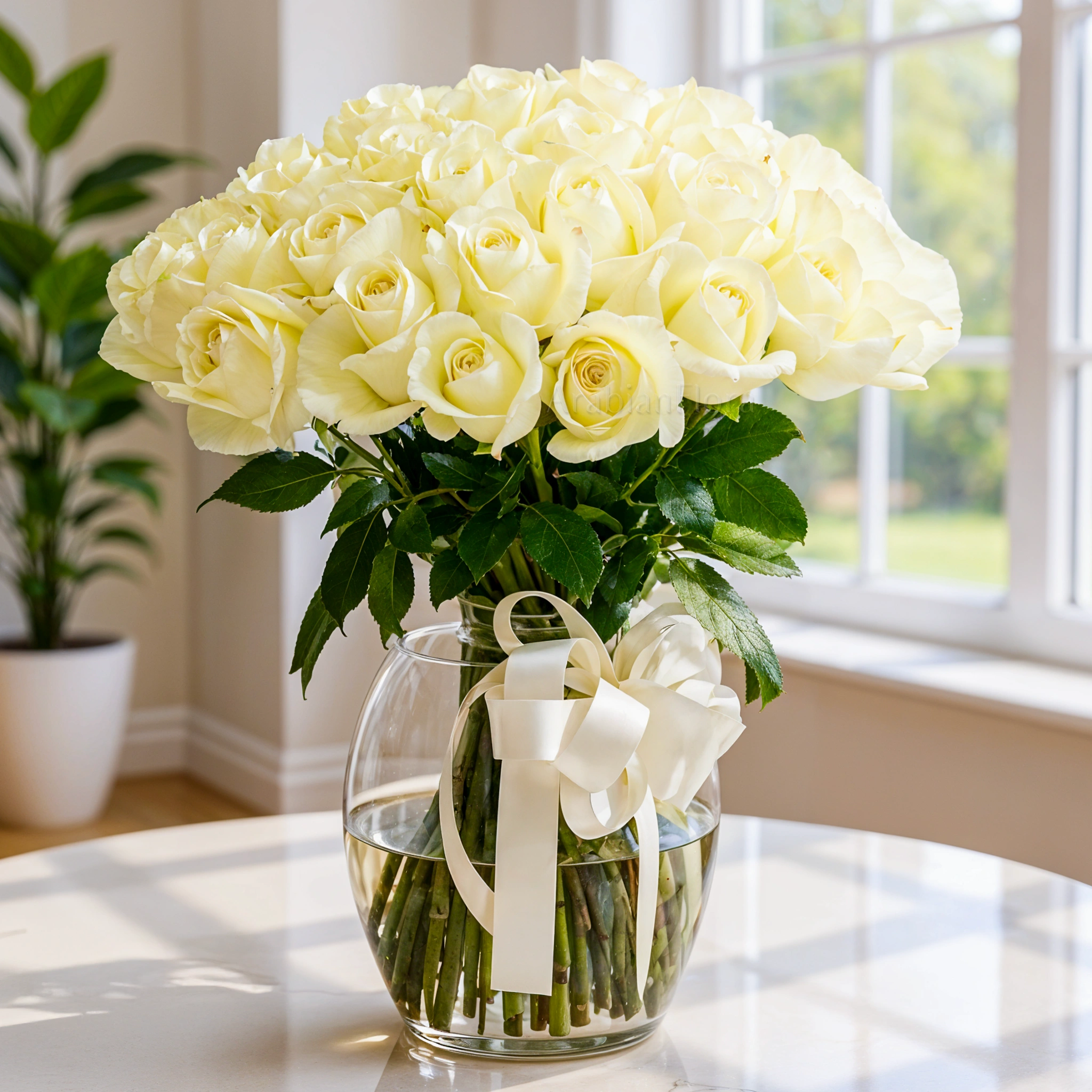 A vase arrangement of 40 white roses with green fillers tied with white ribbons.