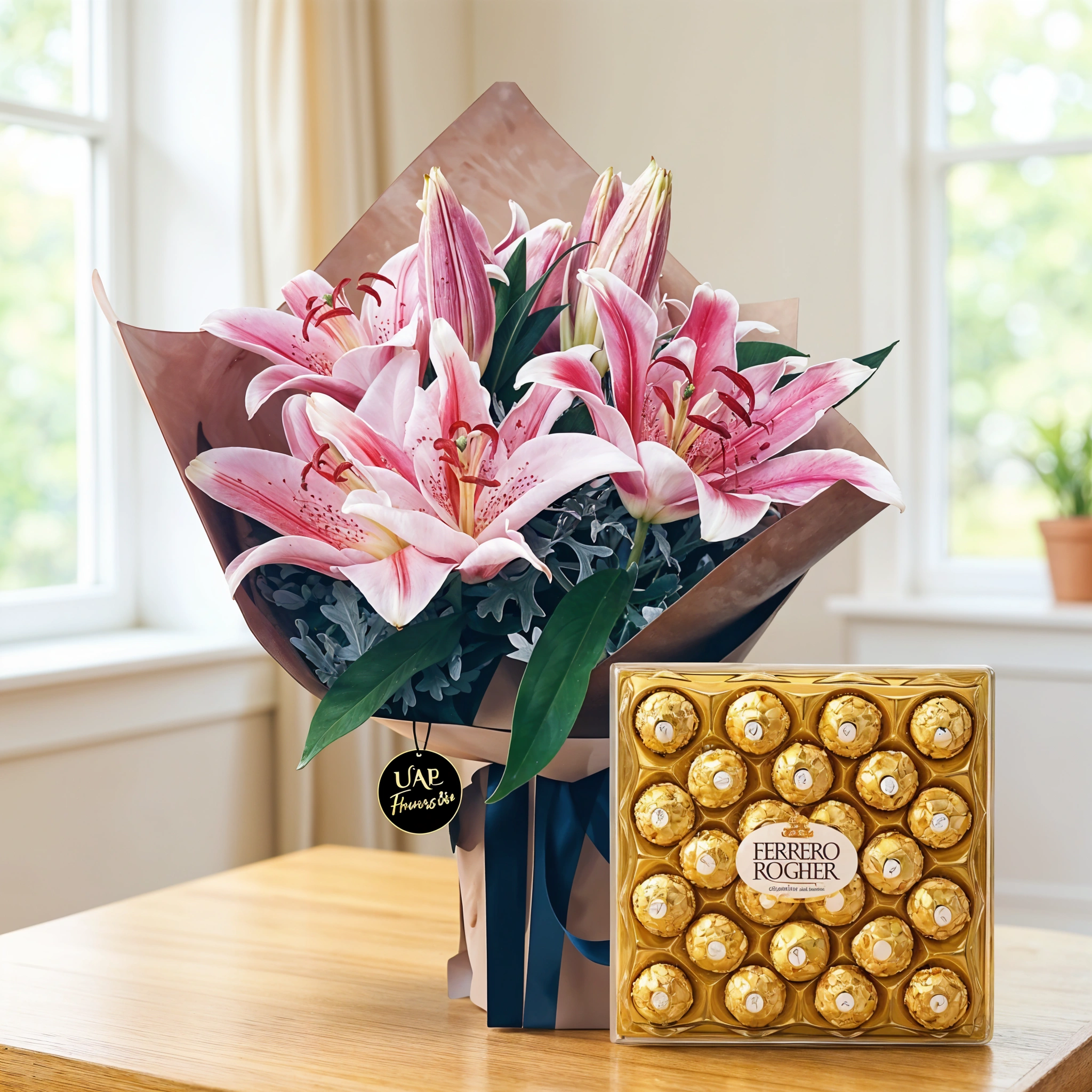Bouquet of 3 pink lilies with green fillers in nice wrapping along with a box of 24 Pcs Ferrero Rocher Chocolate.