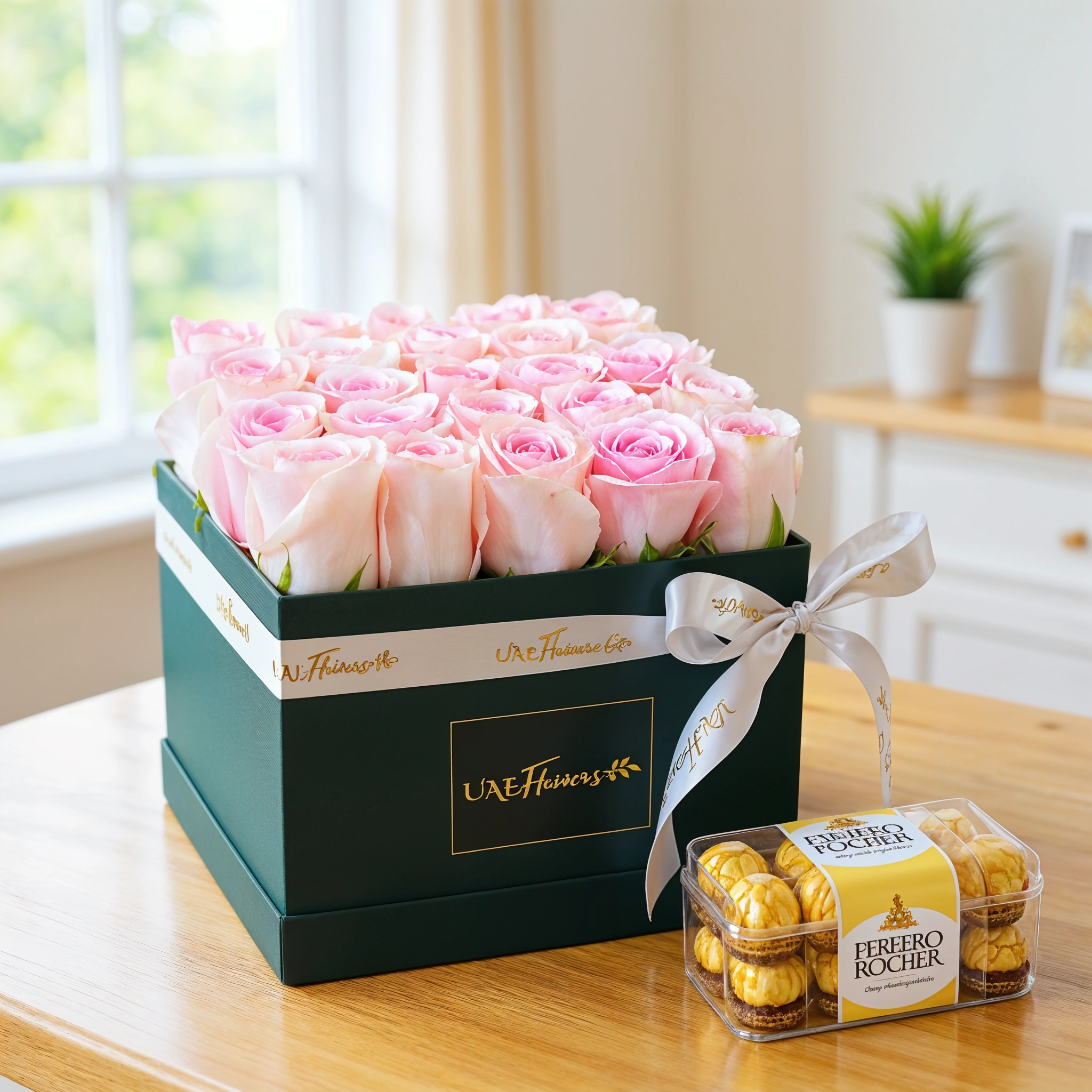 25 pink roses in a square box and 16 pcs of ferrero rocher chocolate.