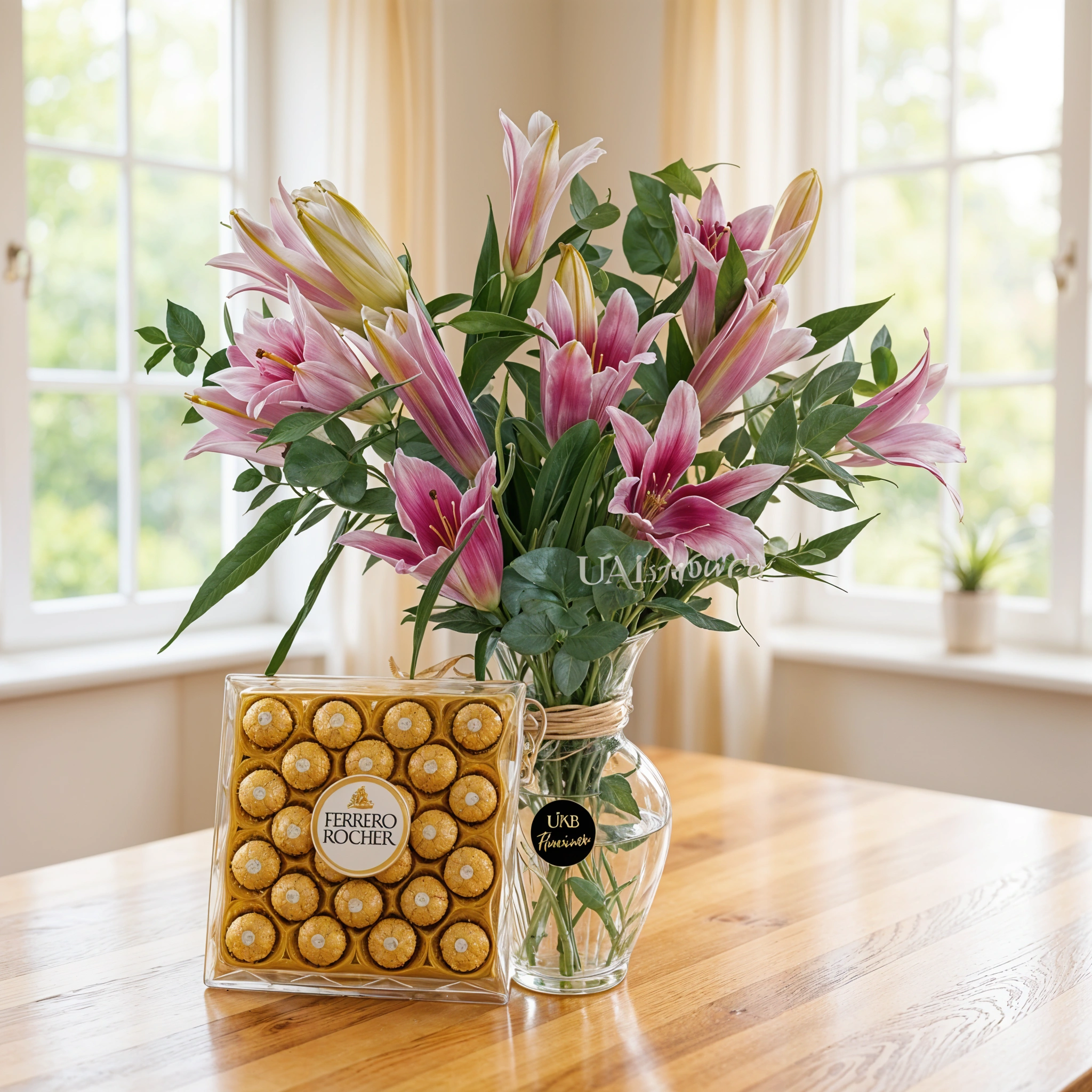 5 pink lilies with fillers in a glass vase and 24 pcs of ferrero rocher chocolate.