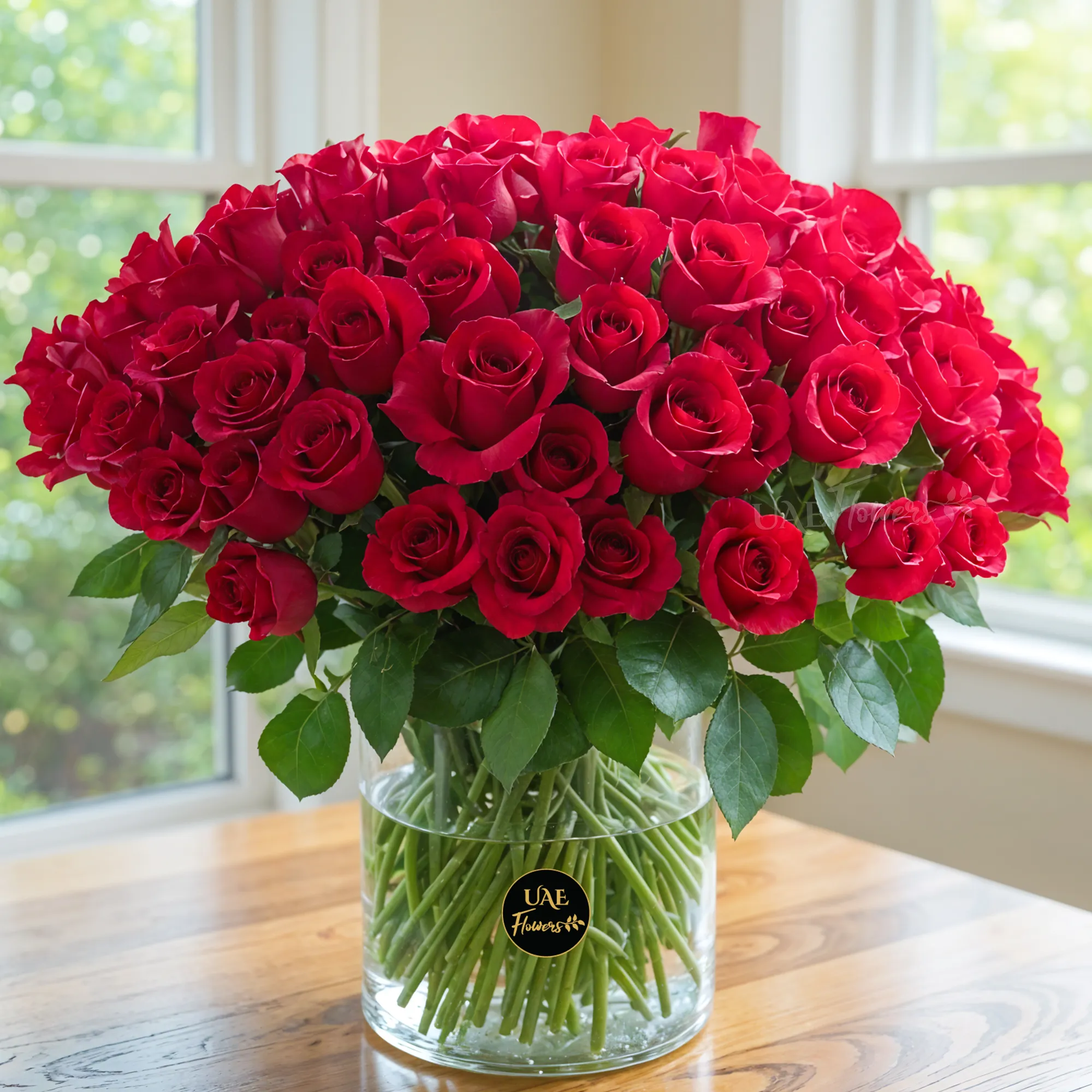 100 Red Roses with green fillers in a glass vase.