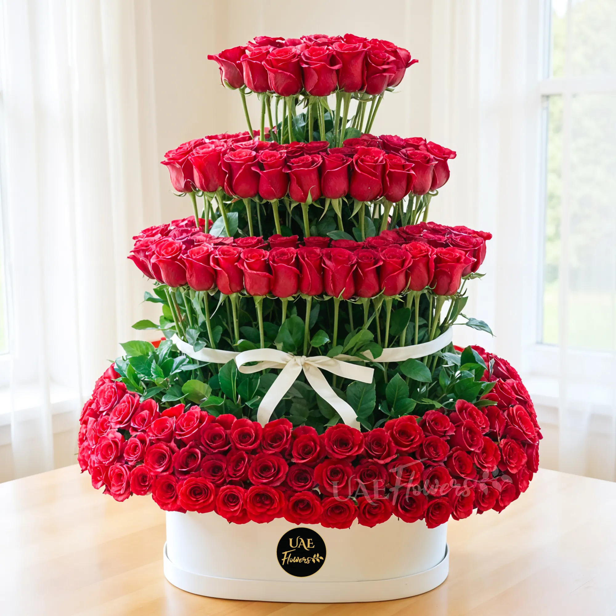 200 red roses arranged in 4 layers standing in a white round box.
