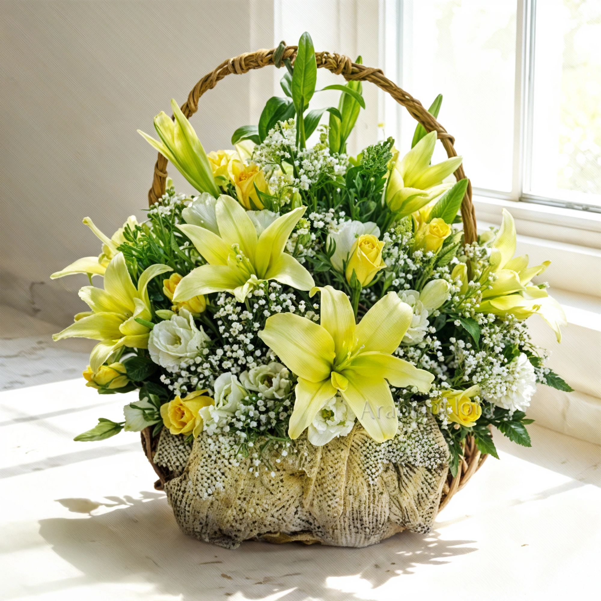 Basket arrangement of 5 stems of White Lilies and 20 Yellow & white Roses with fillers.