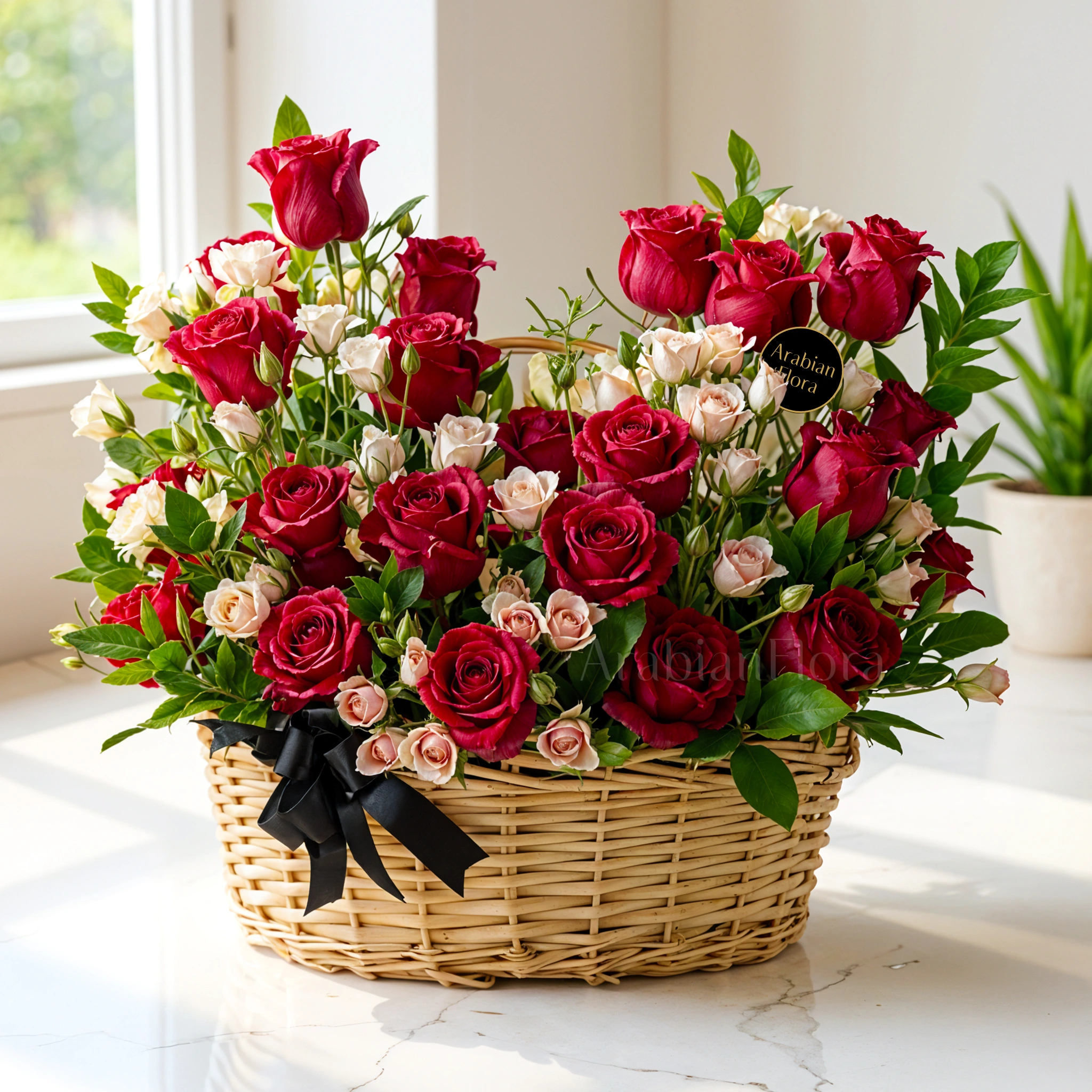 An arrangement of 20 red roses and 6 pink spray roses with green fillers in a handle basket.