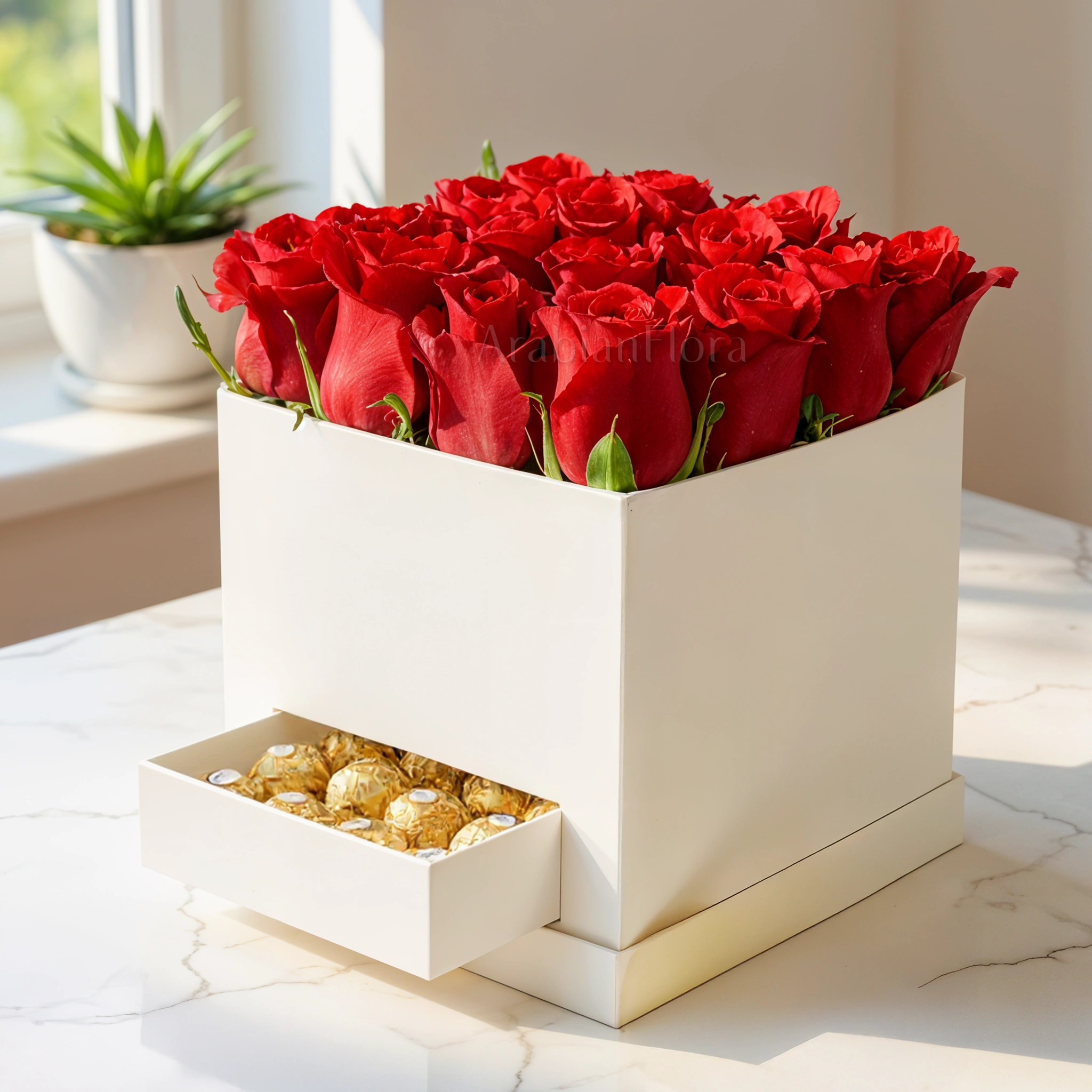 16 stems of red roses and 16 Pcs Ferrero rocher in a white box.