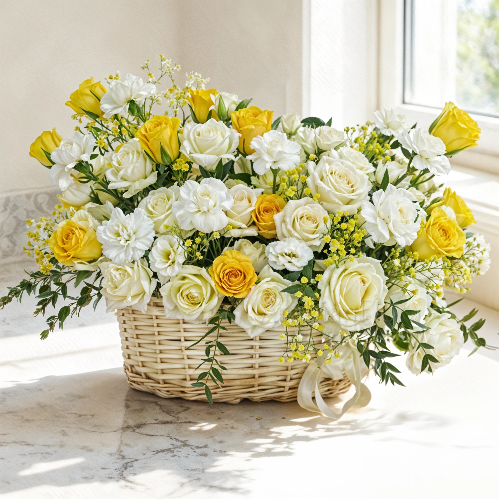 Basket arrangement of 20 yellow and white roses, 10 white carnations with green and yellow baby's breath fillers.
