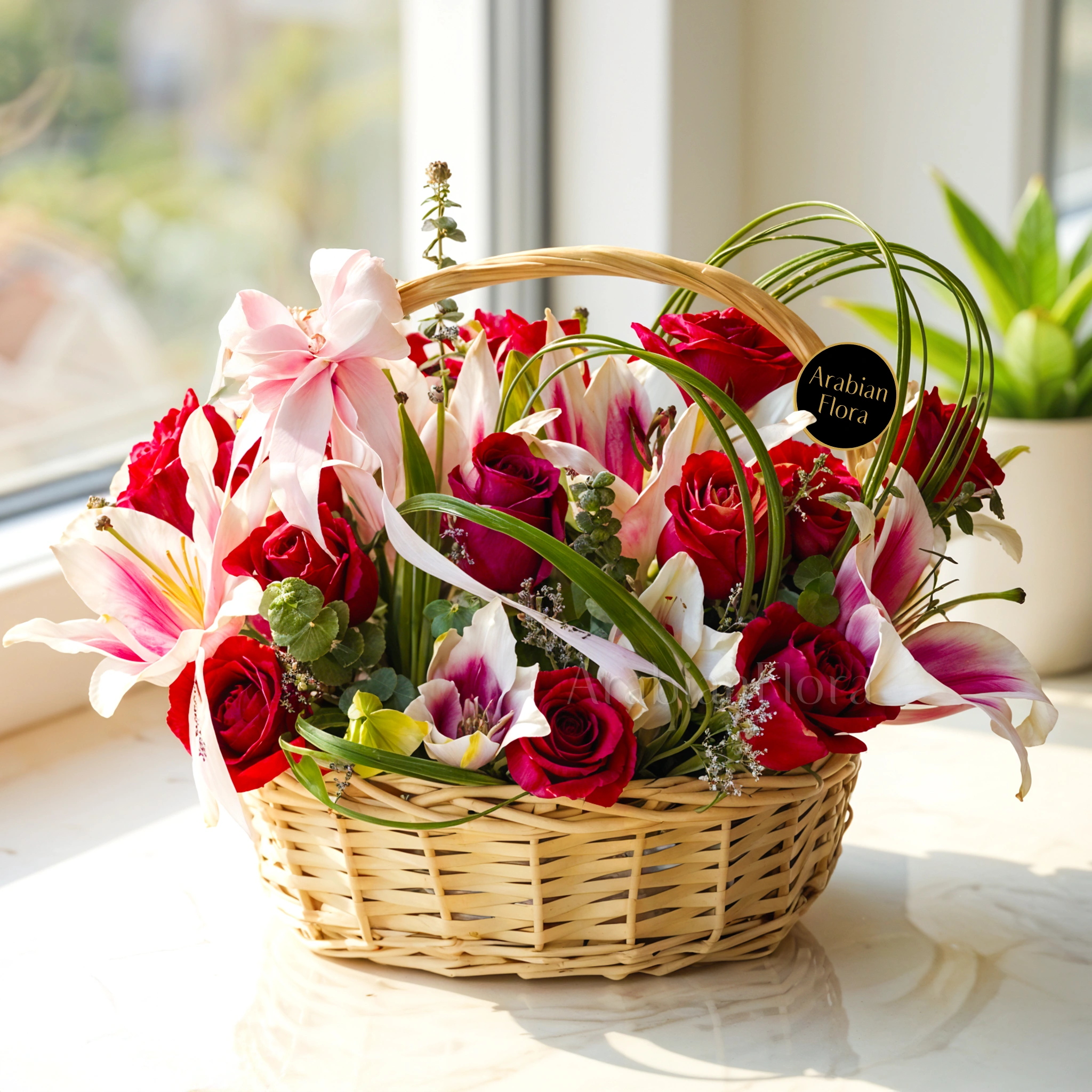 Arrangement of 12 red roses and 3 pink lilies with eucalyptus leaf & green fillers with a touch of steel grass in a basket.