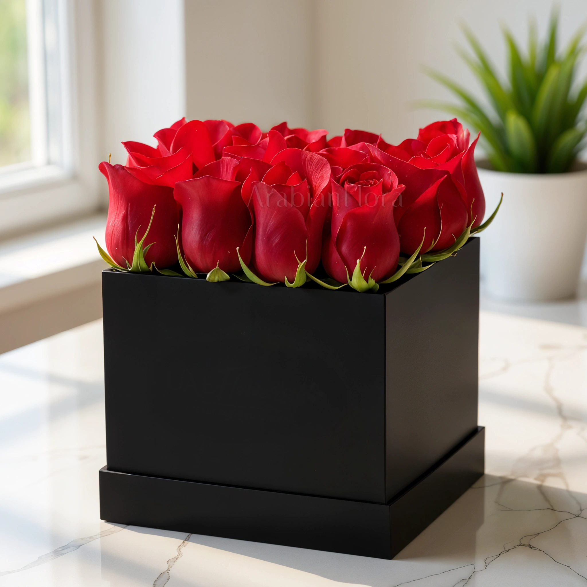 Arrangement of 12 Red Roses with greens in a Box.