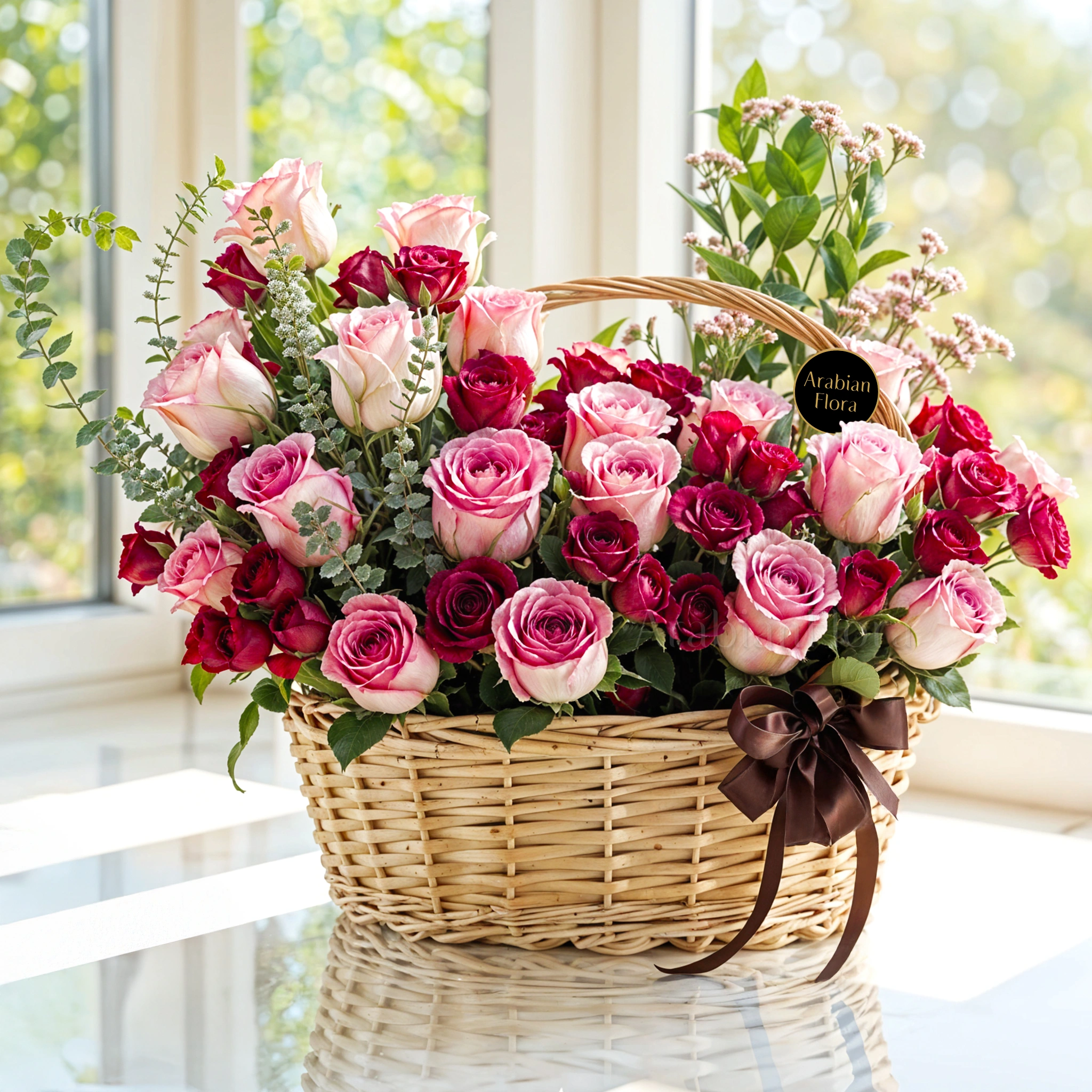 An arrangement of 20 pink roses and 6 red spray roses with eucalyptus leaf and green fillers in a handle basket.