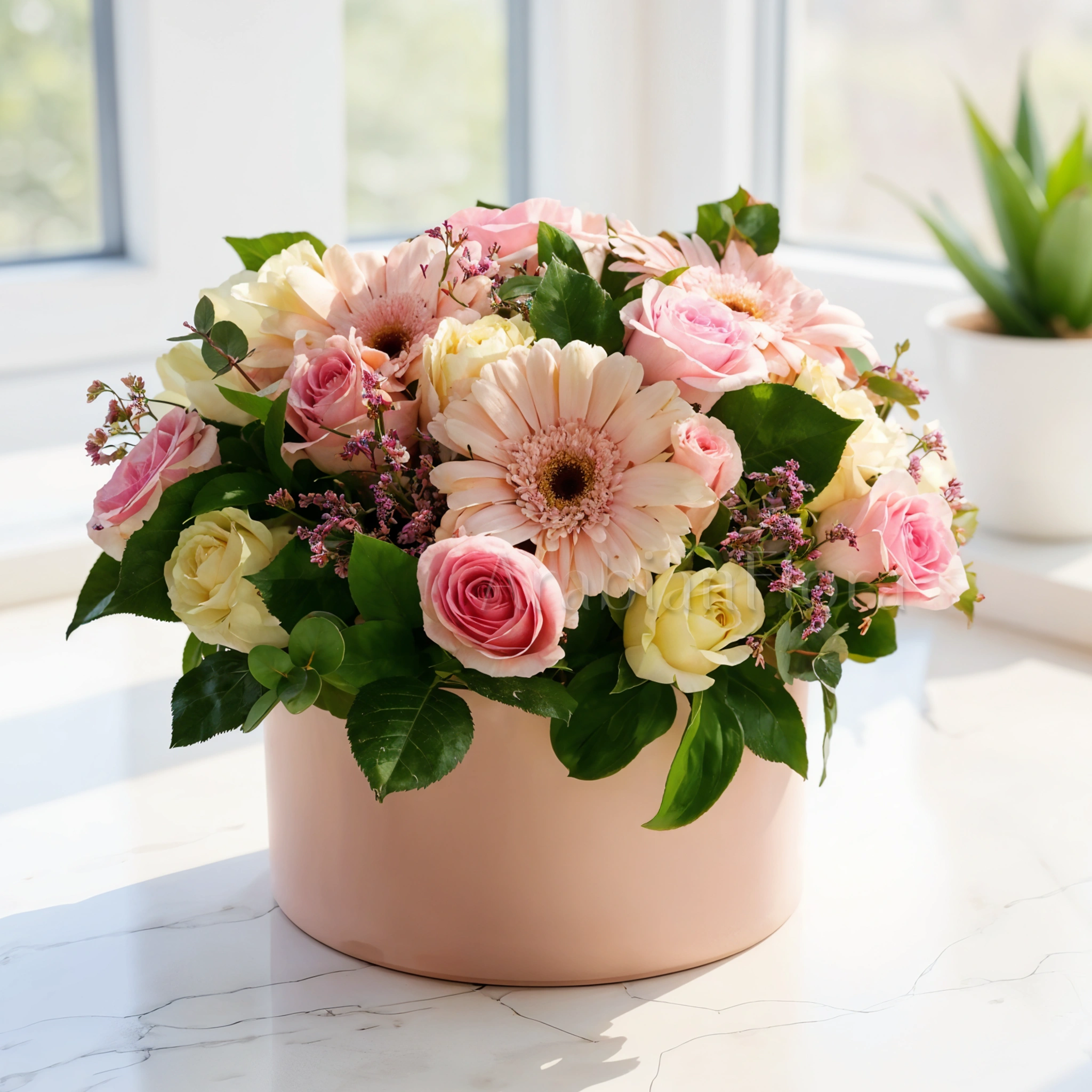 Box arrangement of 3 Pink Gerberas, 10 pink Roses & 10 White Roses with greens and fillers.