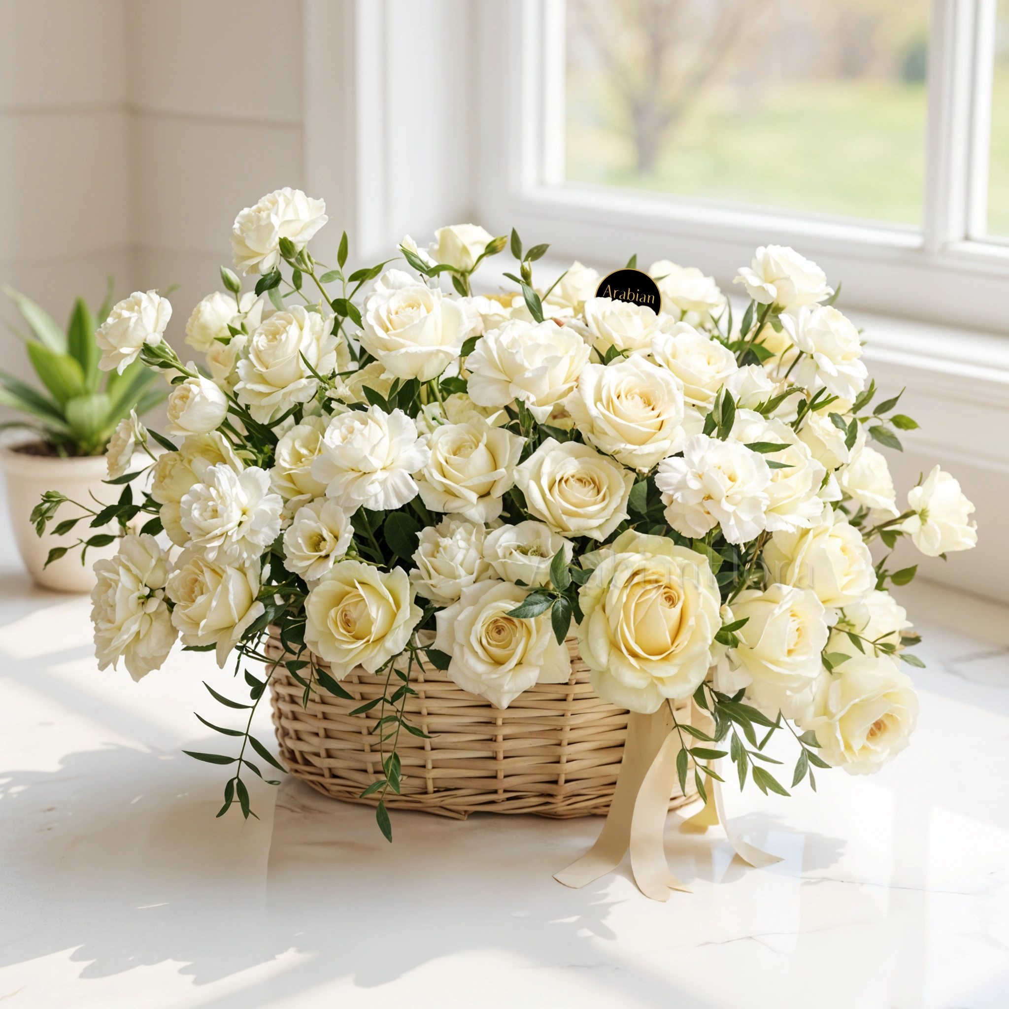 A basket arrangement of 15 white carnations and 15 white roses and fillers.