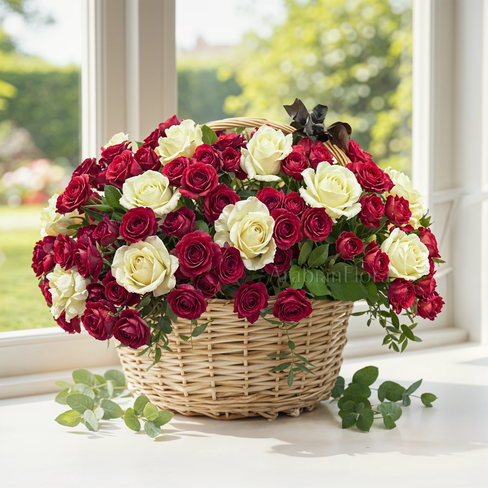 Basket arrangement of 20 white roses and 20 red spray roses and fillers.