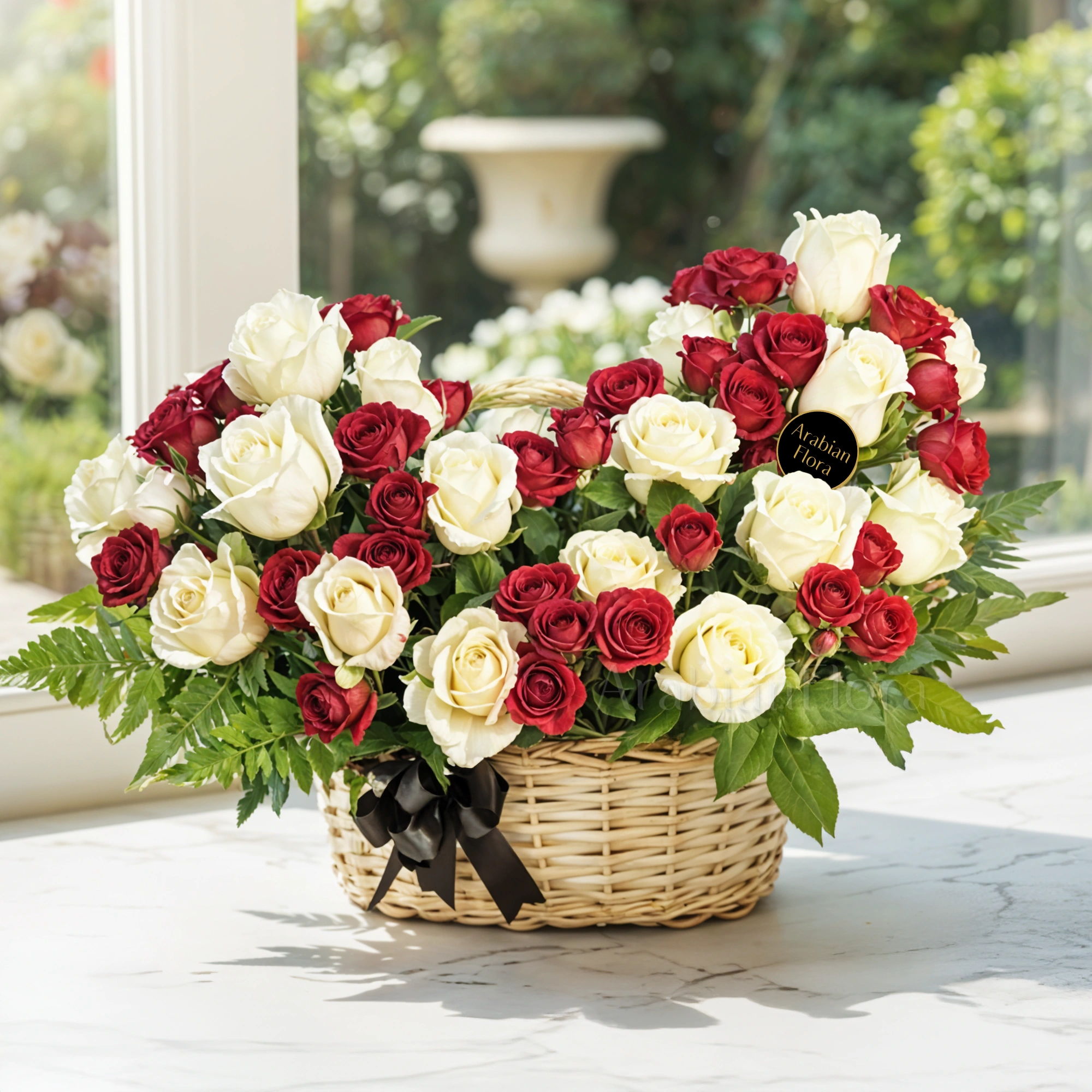 An arrangement of 20 white roses and 5 red spray roses with green fillers in a handle basket.