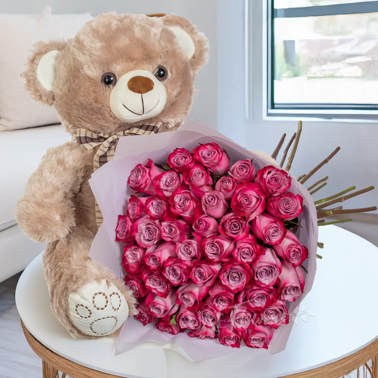 Bouquet of 50 purple roses with small teddy bear