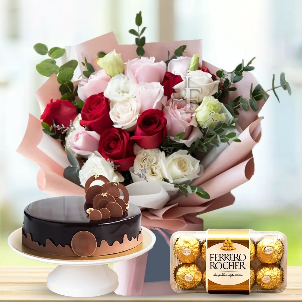 red, white and pink roses, 1 Kg Chocolate Cake and 16 Pcs Ferrero Rocher chocolate