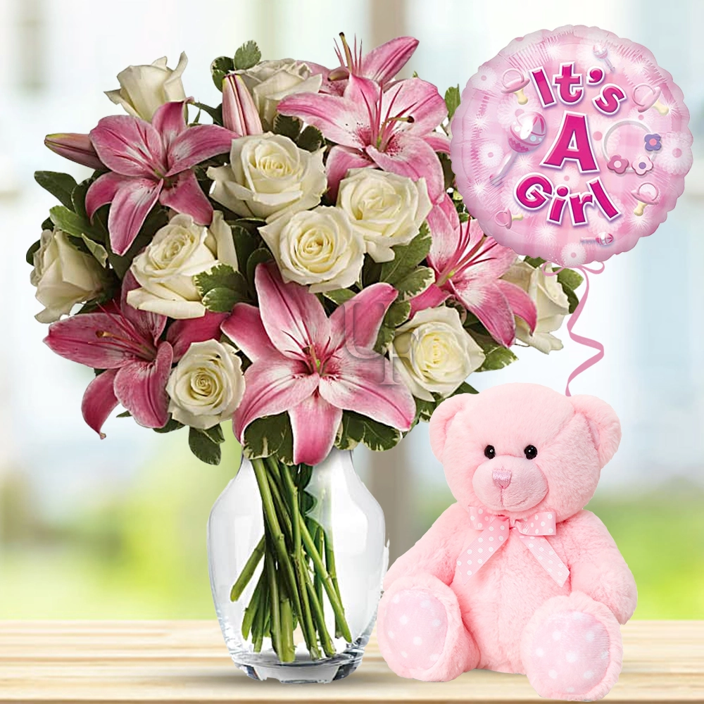 5 Pink Lily and 18 White Roses in a glass vase with 12 Inch Teddy Bear and Its a Girl Foil Balloon