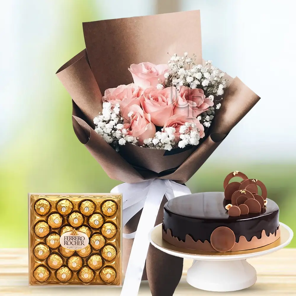 Bouquet of 6 pink roses with fillers in nice wrapping and 1 kg chocolate cake with 24 Pcs Ferrero Rocher chocolate