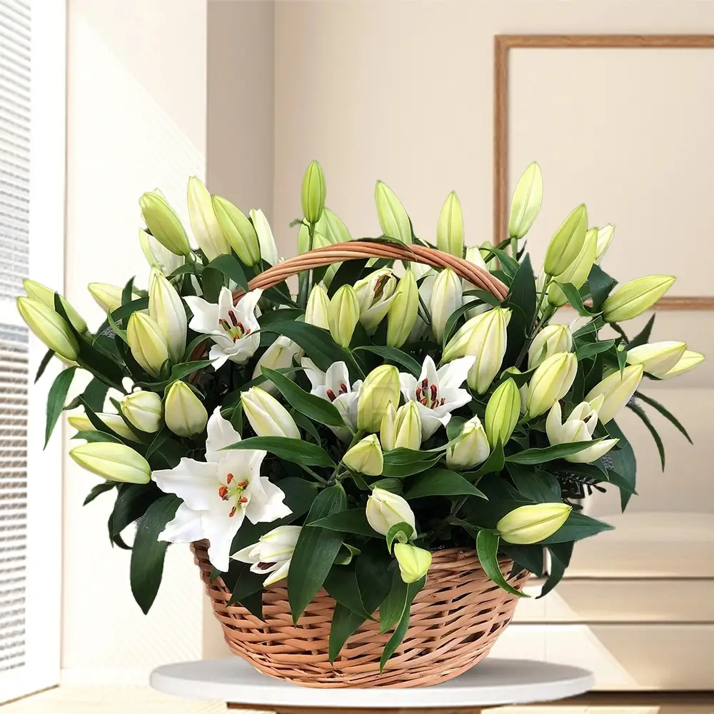 20 stems of white lilies with fillers in a handle basket