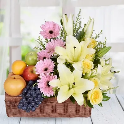 Fruit Basket with Fresh Flowers