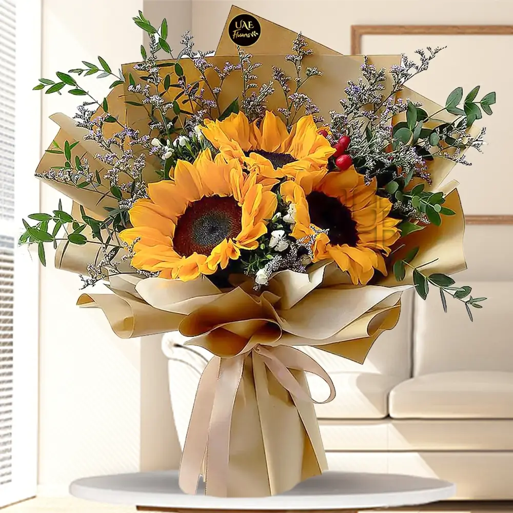 Bouquet of 3 Sunflowers with Fillers in Nice Wrapping.