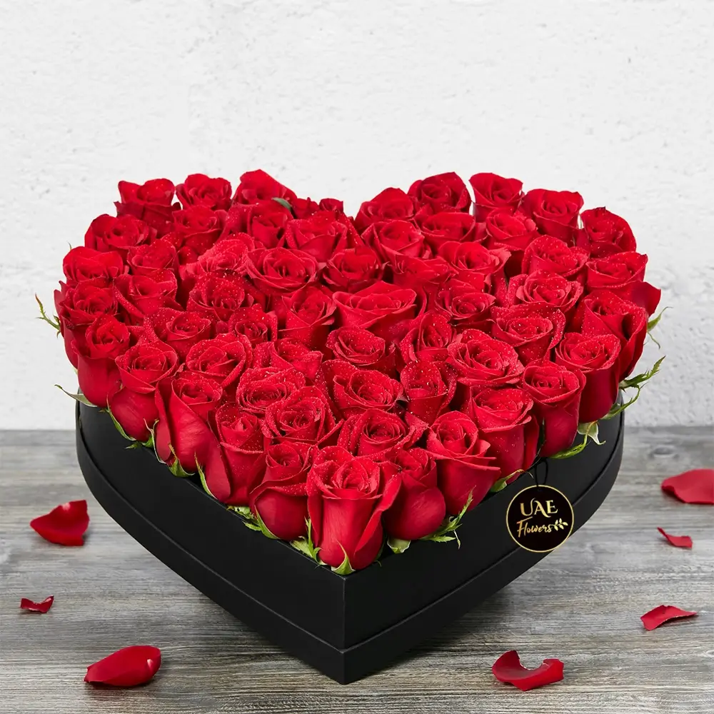 60 stems of red roses in heart shape box