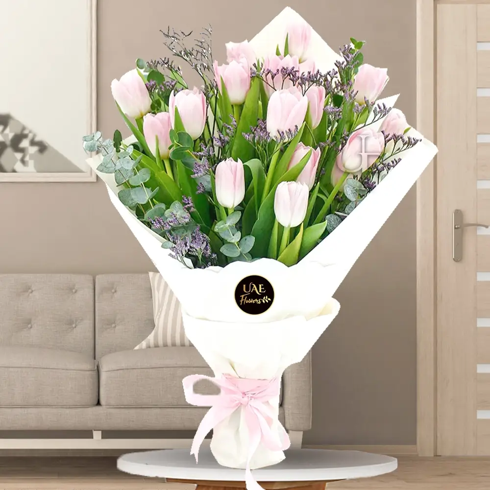 Bouquet of 15 Pink Tulips with greens in a nice wrapping