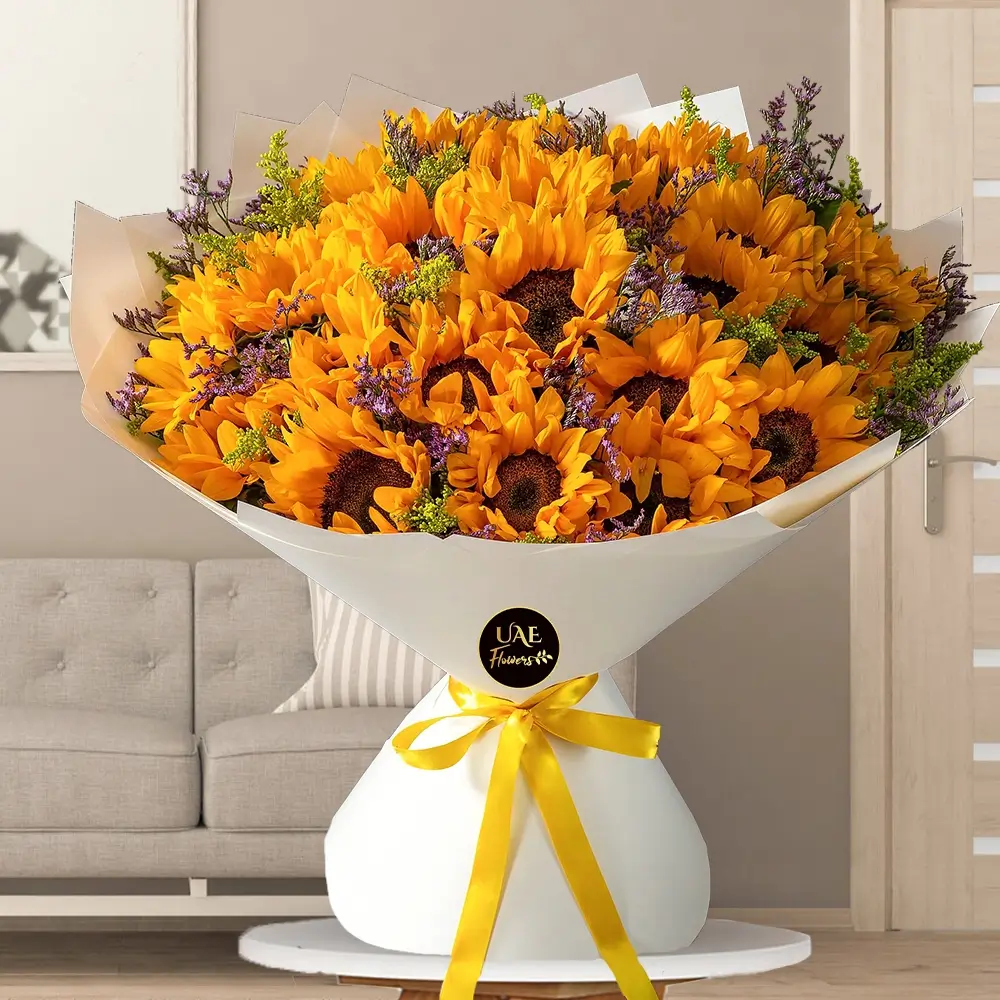 Bouquet of 25 Sunflowers with greens in a nice packing