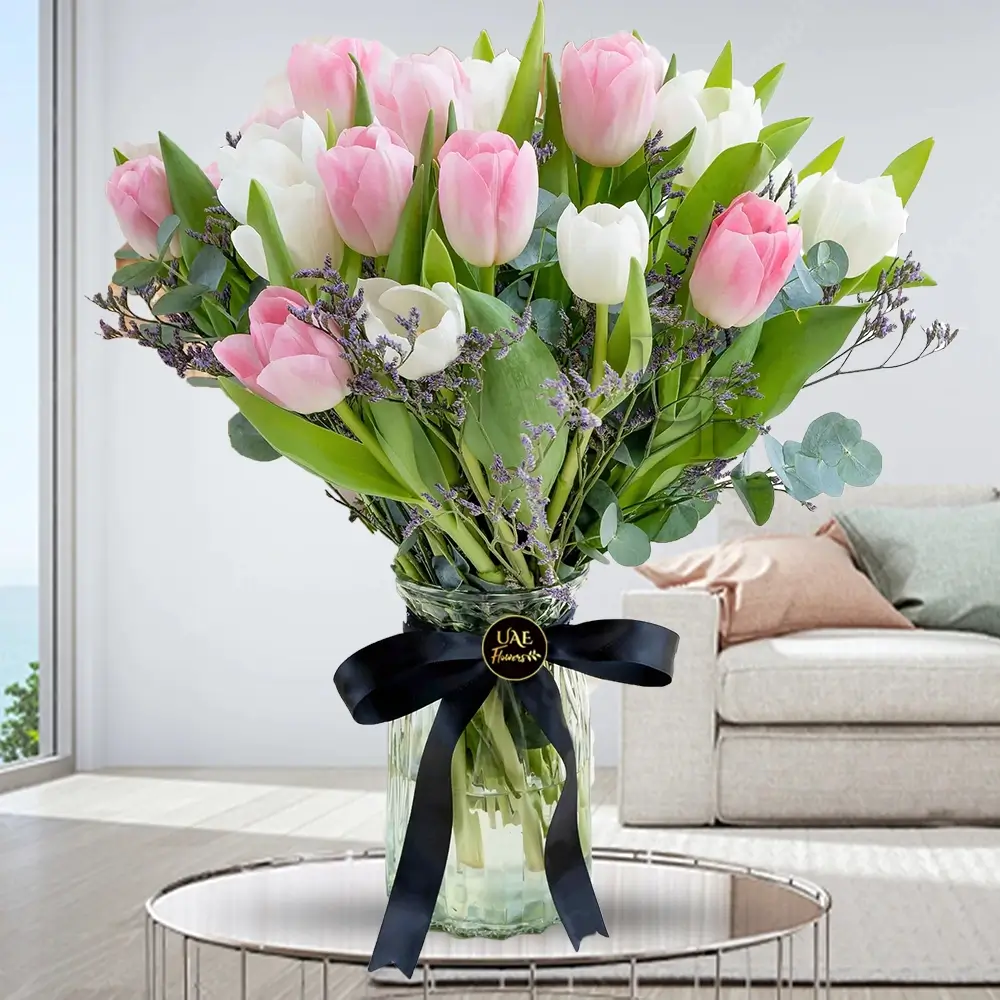 20 Pink and White Tulips with Greens in a Glass Vase