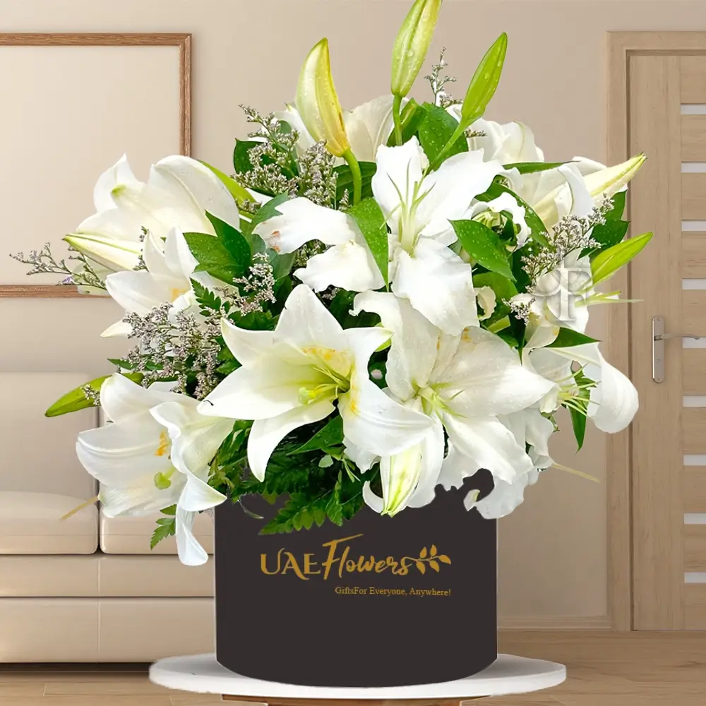 5 stems of White Lilies nicely arranged in a Box.