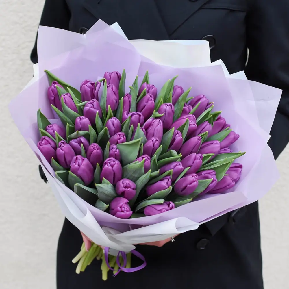 Bouquet of 40 Purple Tulips with nice wrapping