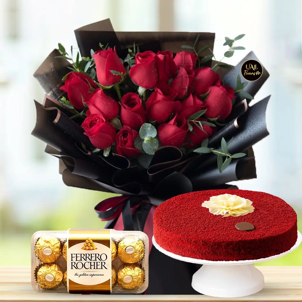 Ferrero Rocher chocolate, red velvet cake, red roses, Bouquet