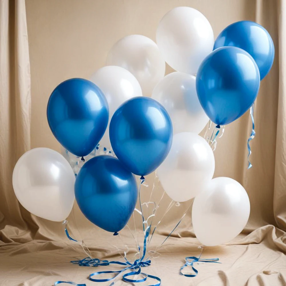10 blue and 10 white latex balloons.