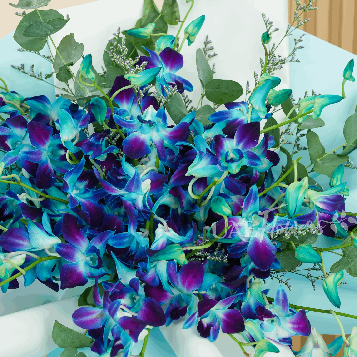 Bouquet of 20 stems of blue orchids with greens and limonium fillers wrapped in paper packing.