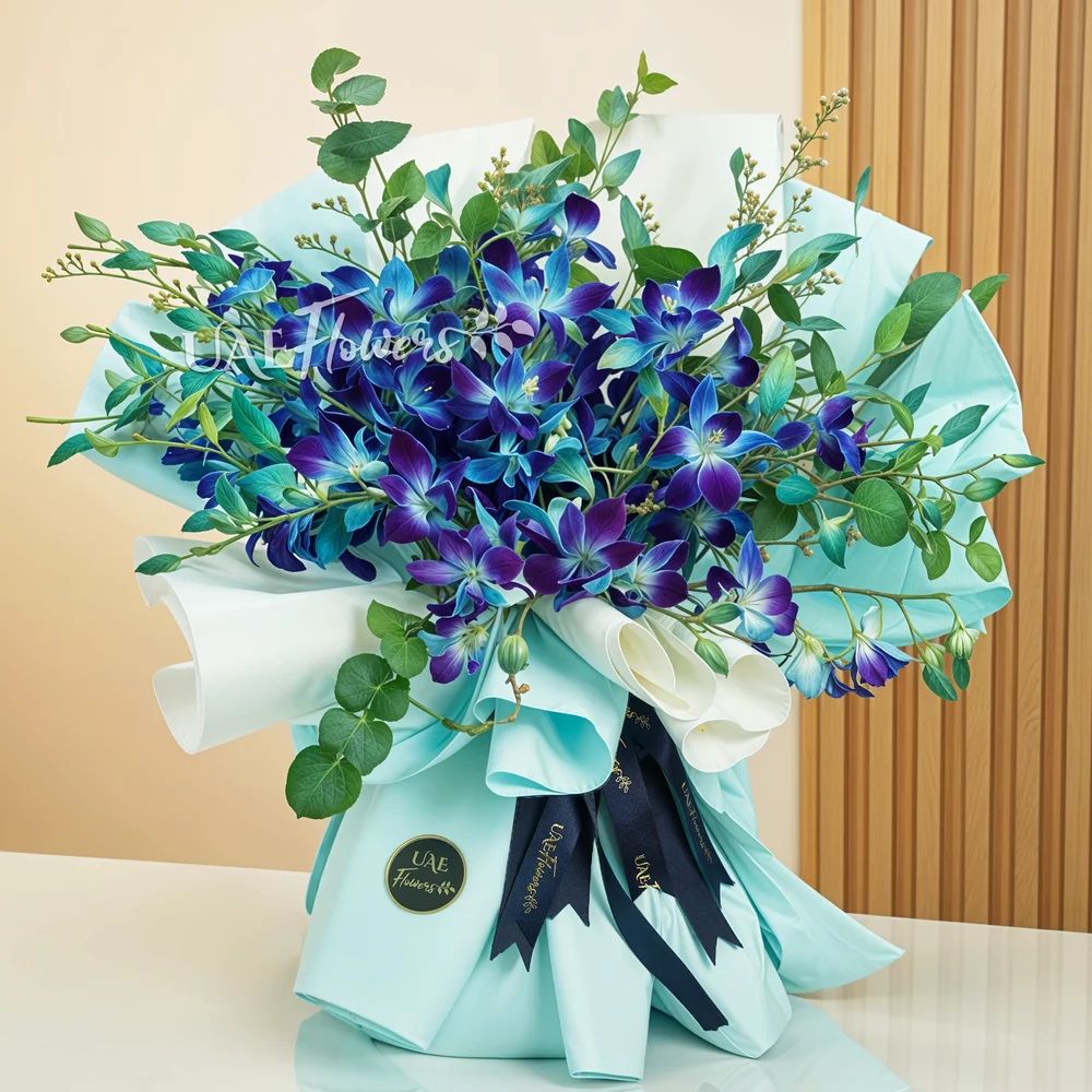 Bouquet of 20 stems of blue orchids with greens and limonium fillers wrapped in paper packing.