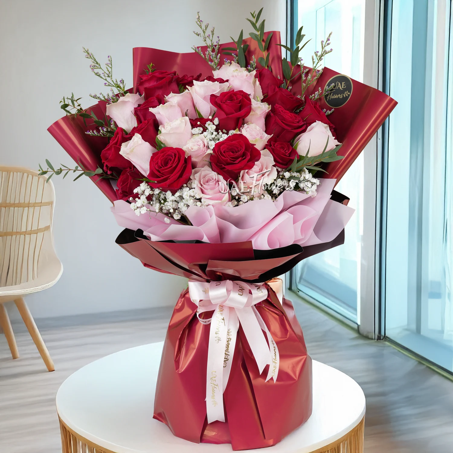 red roses, pink roses, baby's breath, Bouquet