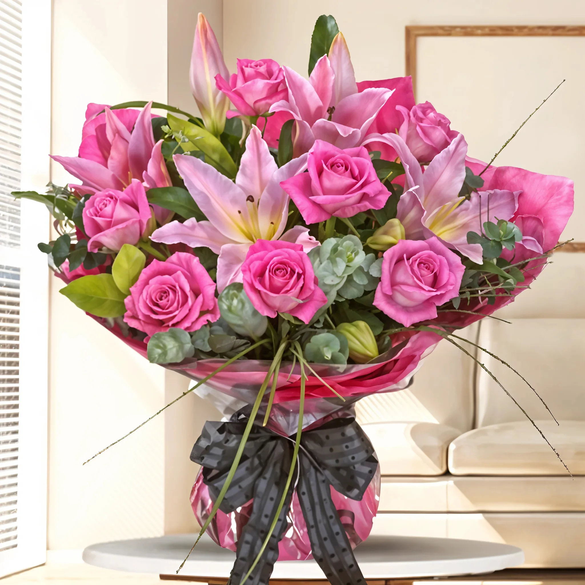 Bouquet of 2 Pink Lilies & 8 Stems of Pink Roses with greens in nice pink wrapping paper