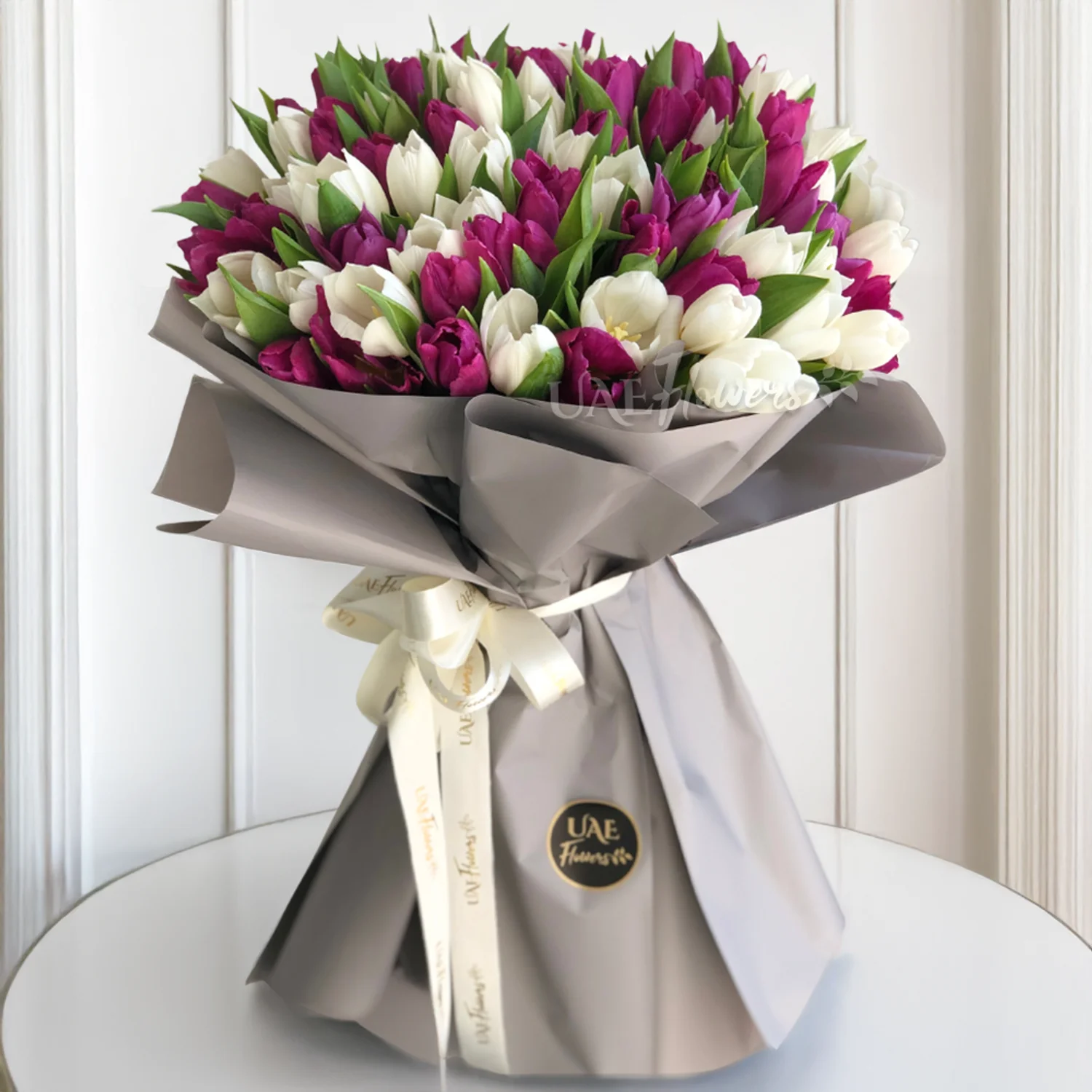 Bouquet of 40 White & 40 Purple Tulips in Grey Wrapping