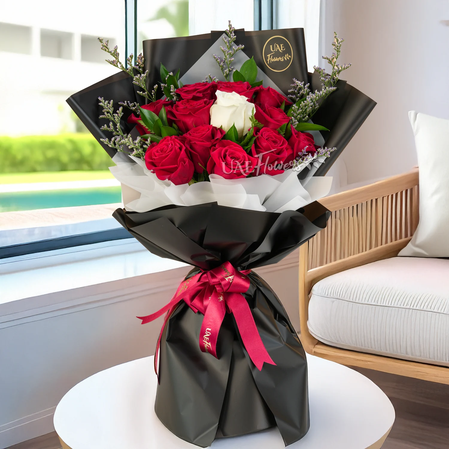 red rose, white roses, red ribbons. Bouquet