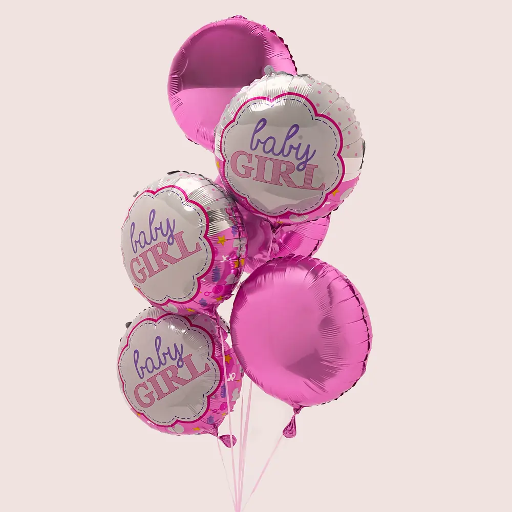 3 Baby Girl Balloons and 3 Plain Pink Balloons.