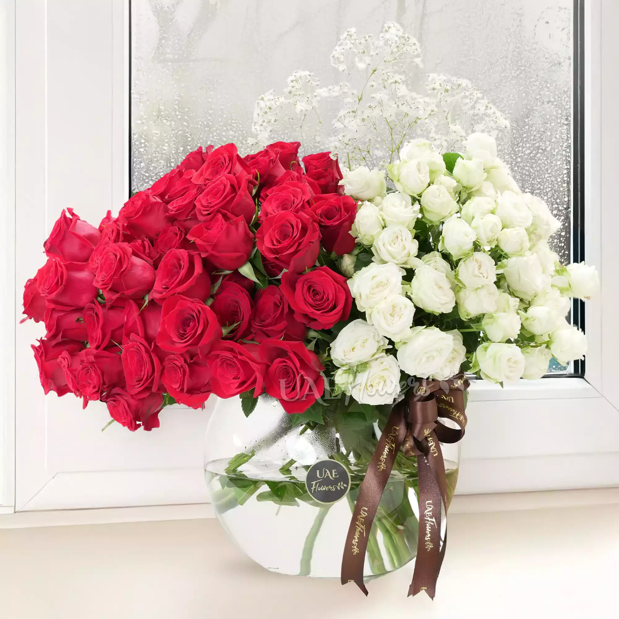 A vase arrangement of 40 red roses and 10 white spray roses with baby's breath and tied with brown ribbons.
