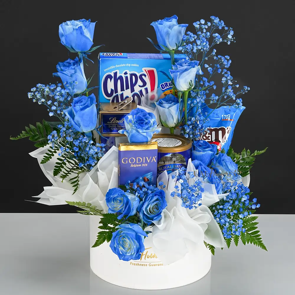 Chocolate & Cookie Delight with Blue Roses