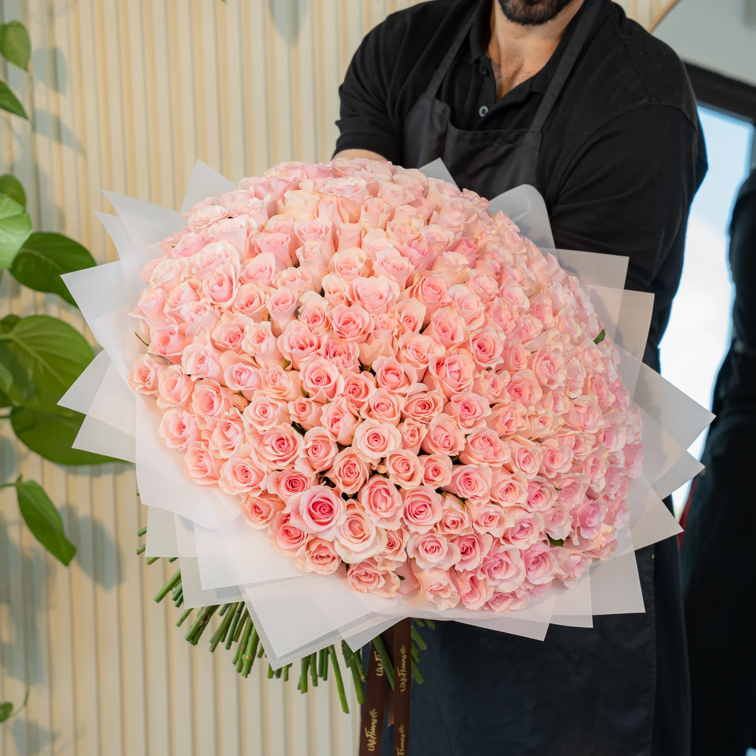 A handtied bouquet of 200 pink roses wrapped in pink.