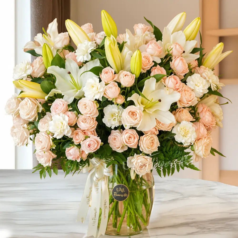 6 white lilies,15 pink spray roses and 15 white carnations with green fillers in glass vase