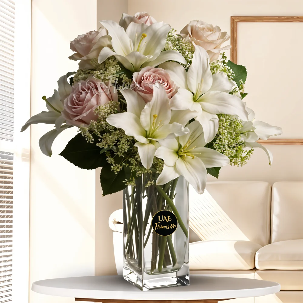 2 Stems of White Lilies (Approx 12 Flowers) and 8 Stems of Pink Roses with fillers in a vase