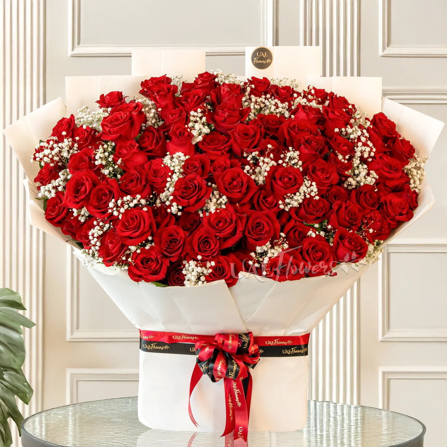 Bouquet of 100 red roses with baby's breath fillers in white paper packing tied with ribbons.